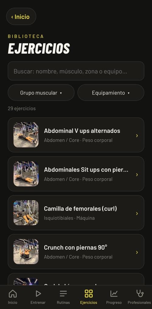 Biblioteca de ejercicios de la app con miniaturas de los videos de Fran
